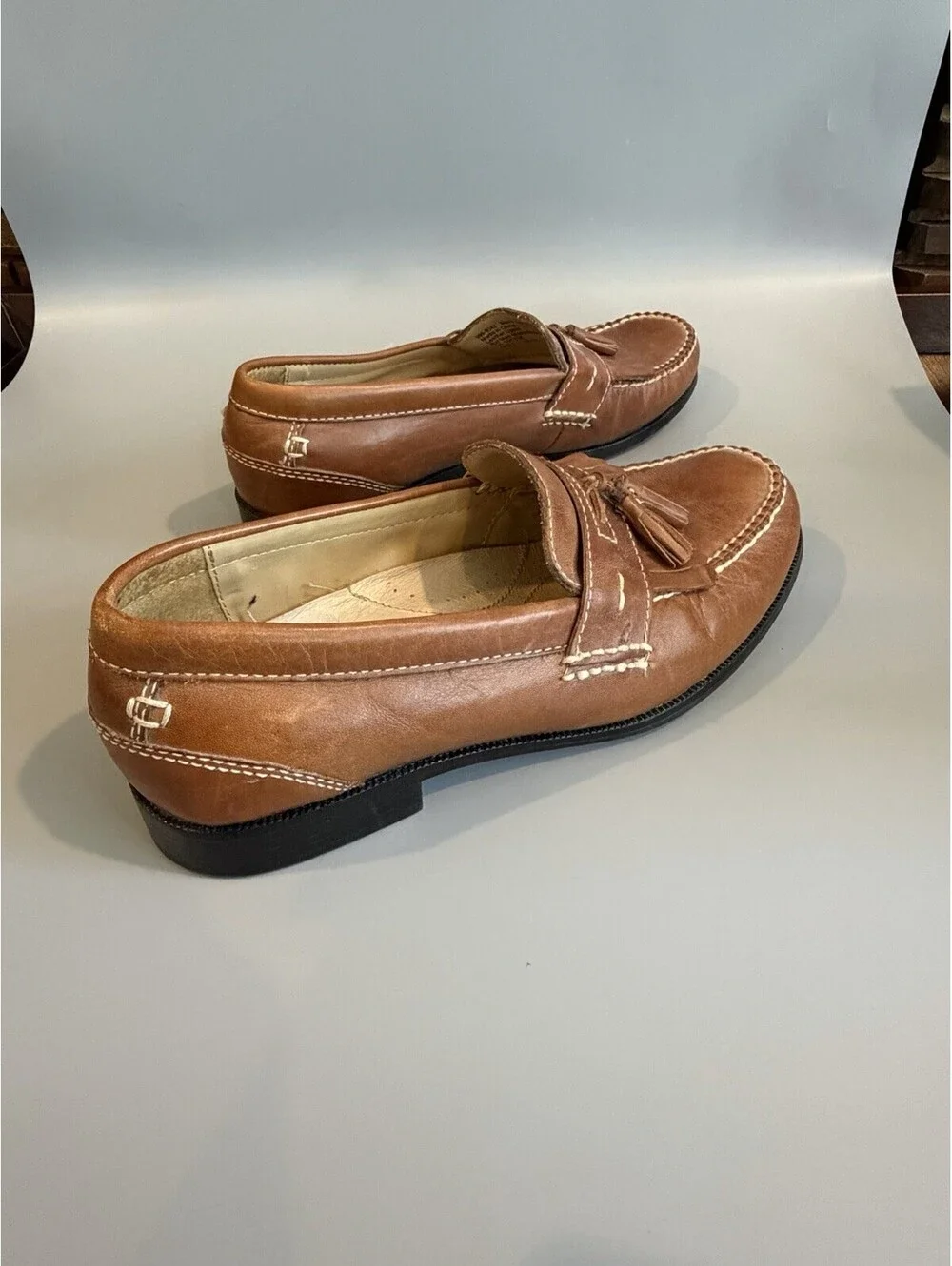 Chaps Mens 10.5M Loafers Dress Shoes Brown Leather Tassel Kiltie Moc Toe Tan